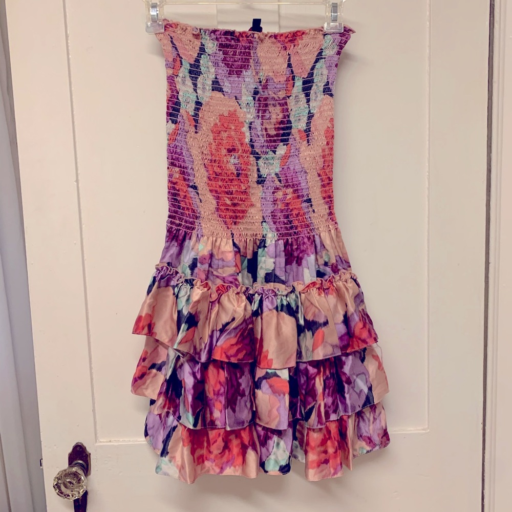 Betsey Johnson - Smocked Strapless Silk Mini Dress